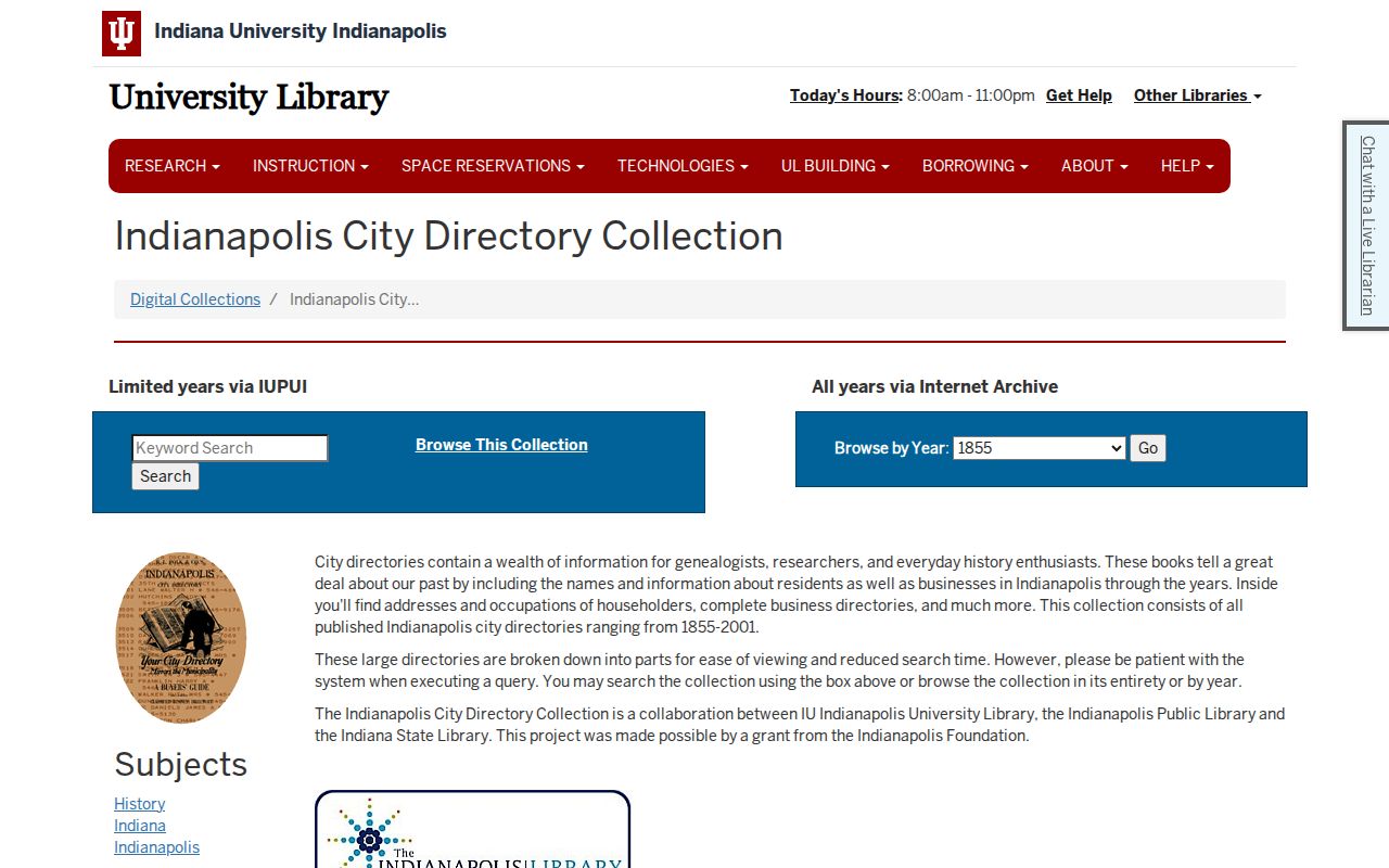 IU Indianapolis city directory collection spanning 1855 to 2001