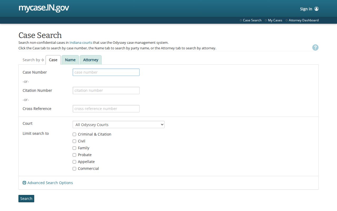 Indiana MyCase search entry for Indianapolis public court records