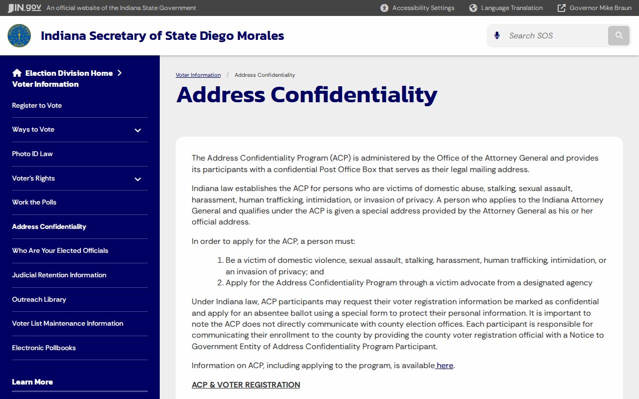 Indiana Address Confidentiality Program guidance protecting vulnerable residents