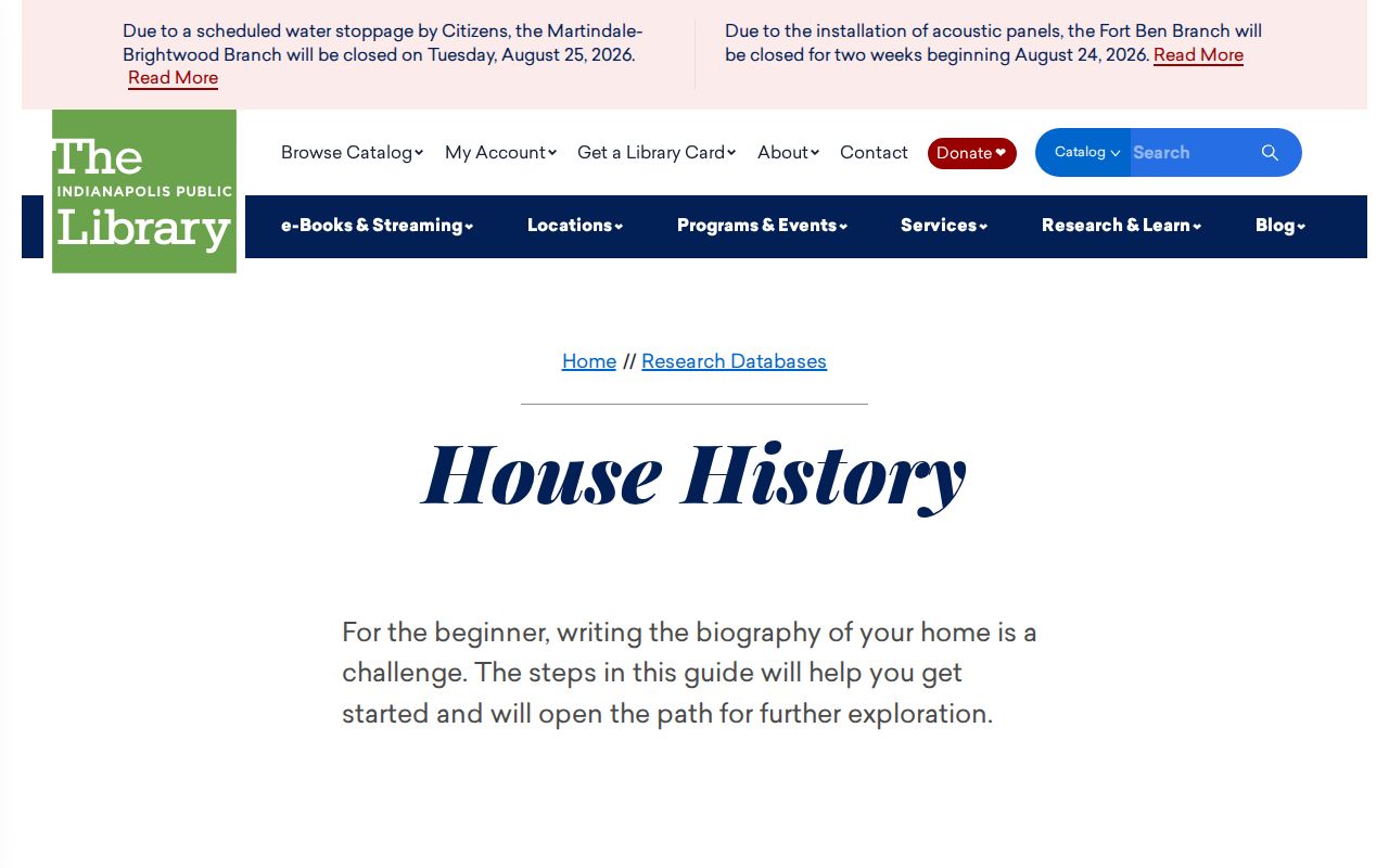 Indianapolis Public Library house history resources for old addresses and residents