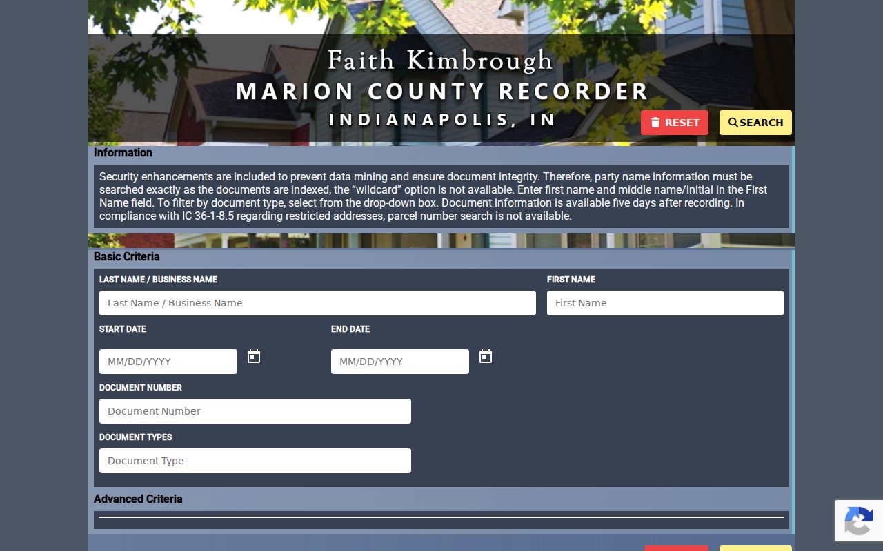 Marion County Recorder search fields for tracing earlier owners of an Indianapolis parcel