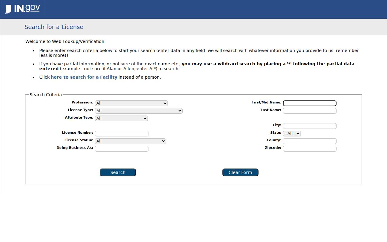 Indianapolis resident lookup professional license verification